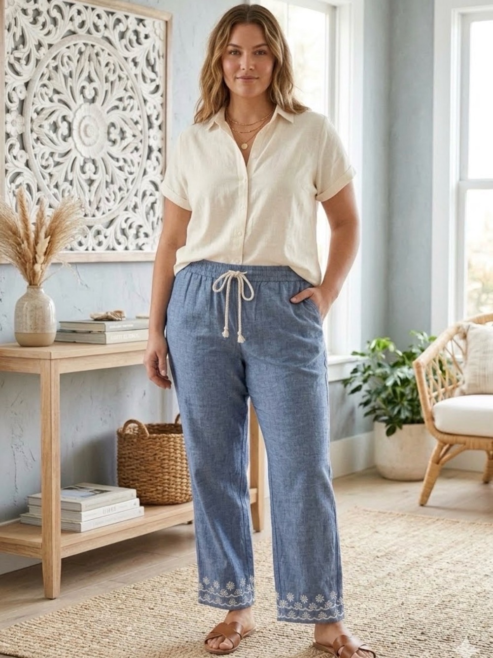 Old Navy women's blue white embroidered cotton chambray pull on wide leg pants L